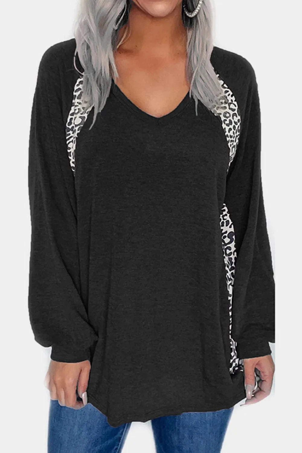 Trendsi Full Size Leopard V-Neck Long Sleeve T-Shirt