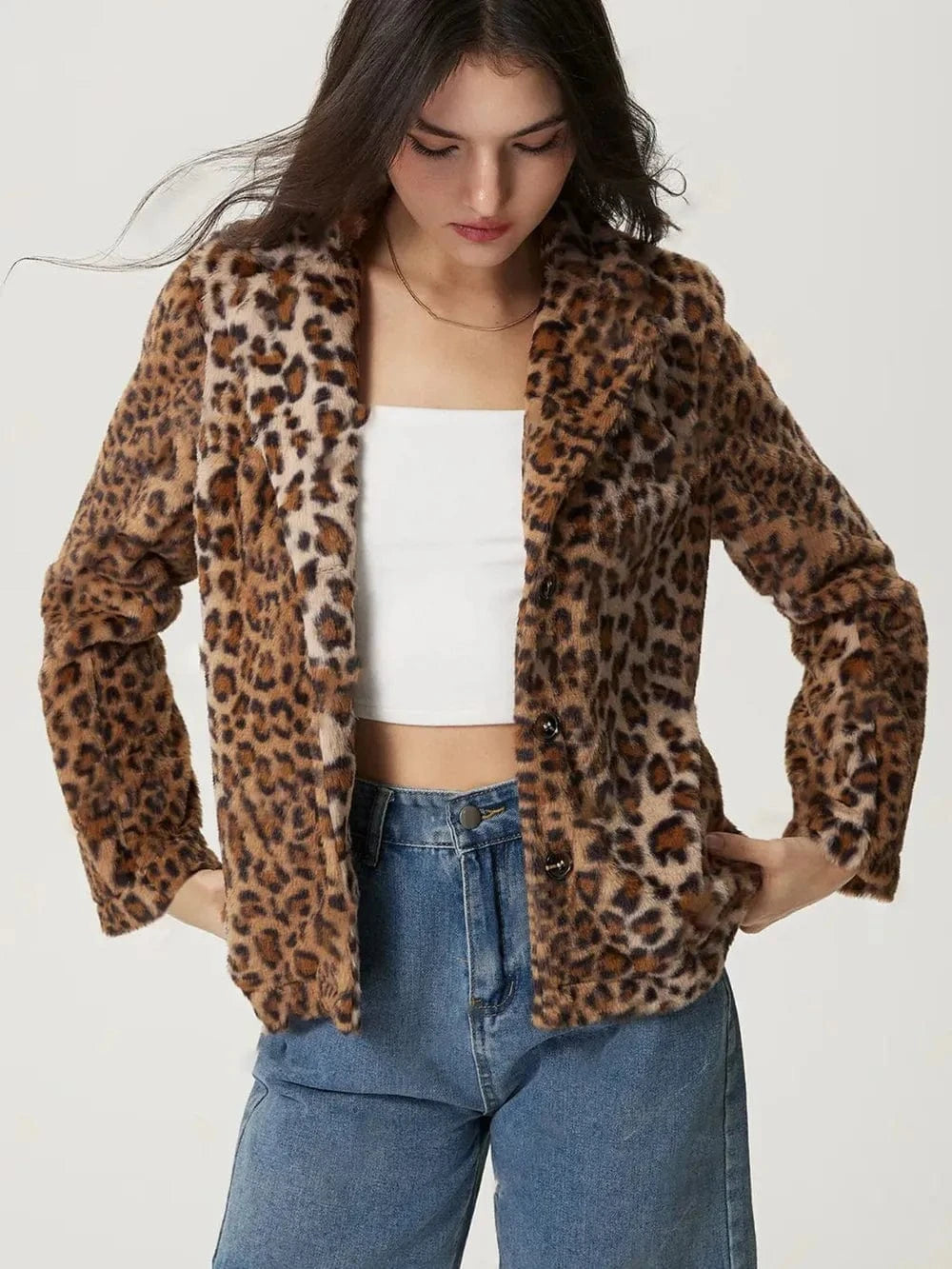 Trendsi Fuzzy Leopard Collared Neck Jacket