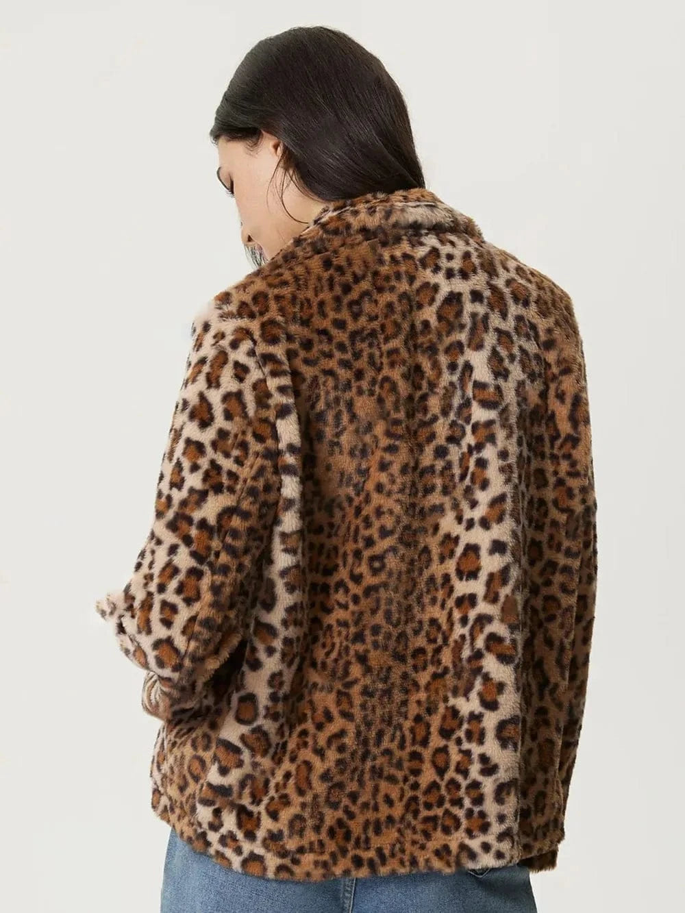 Trendsi Fuzzy Leopard Collared Neck Jacket