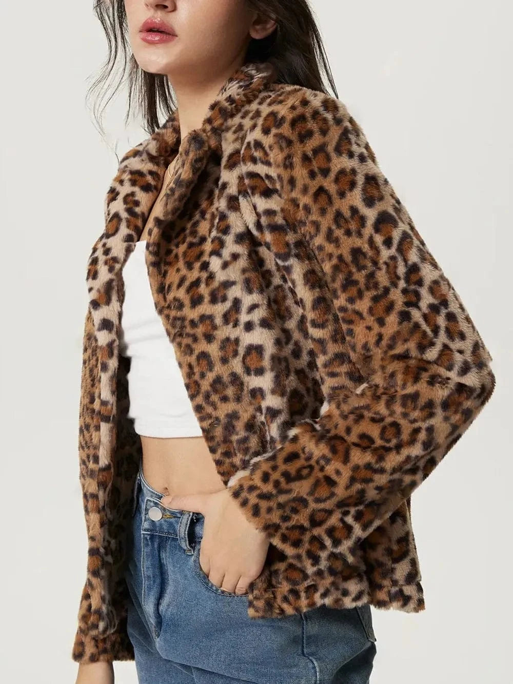 Trendsi Fuzzy Leopard Collared Neck Jacket