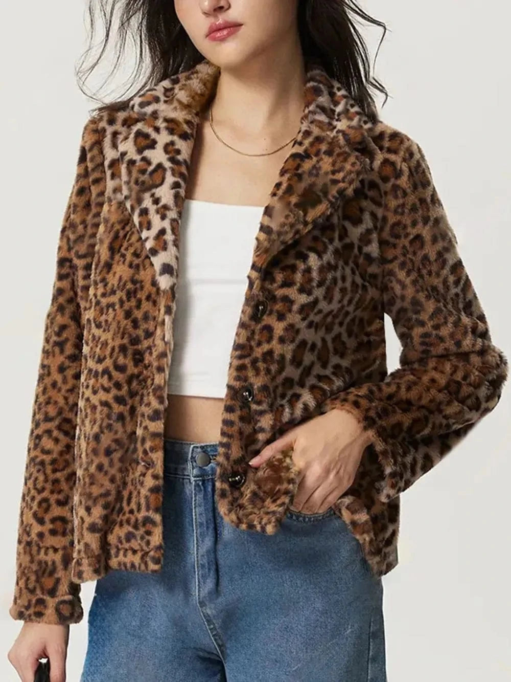Trendsi Fuzzy Leopard Collared Neck Jacket