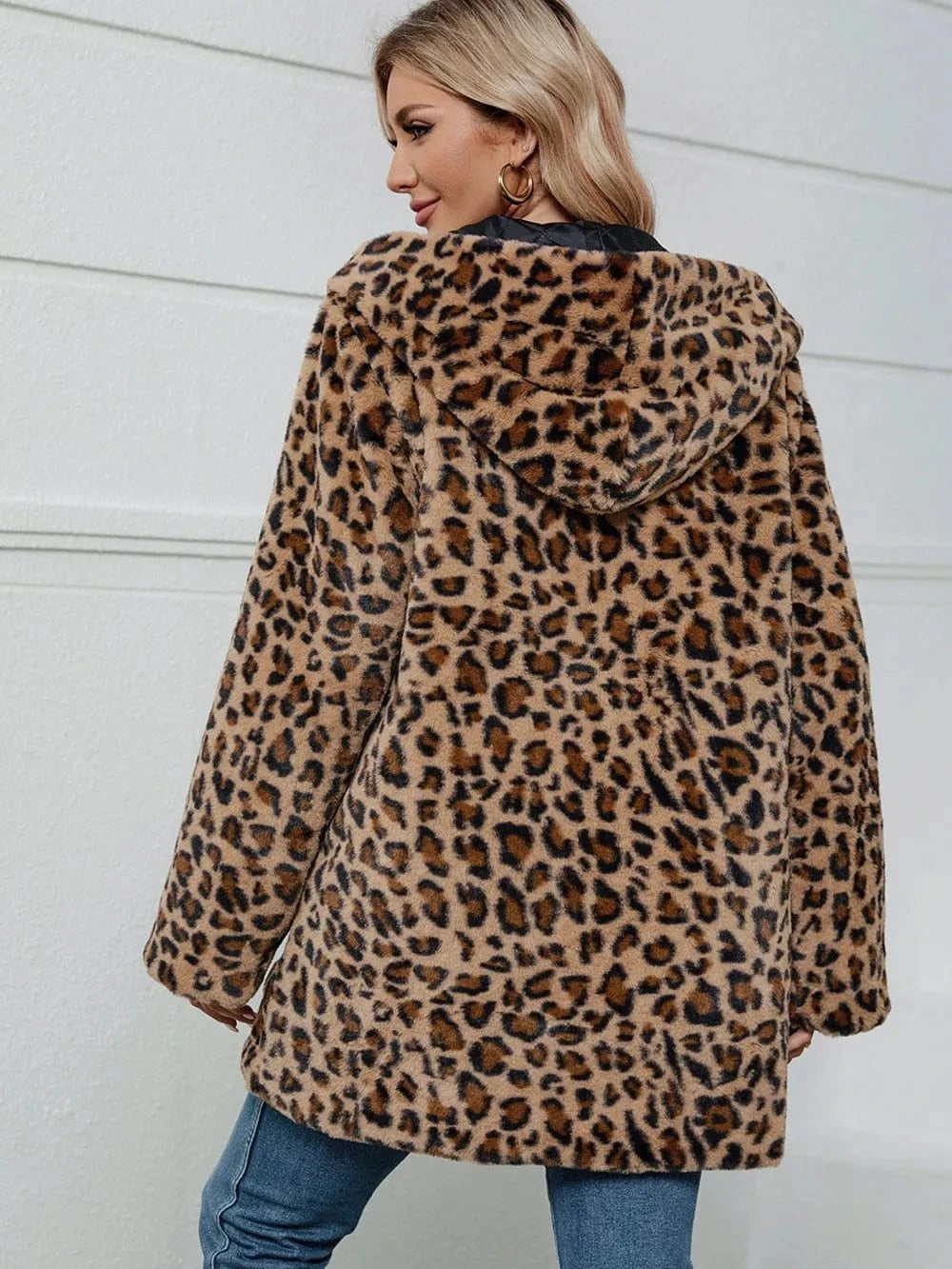Trendsi Fuzzy Leopard Hooded Long Sleeve Jacket