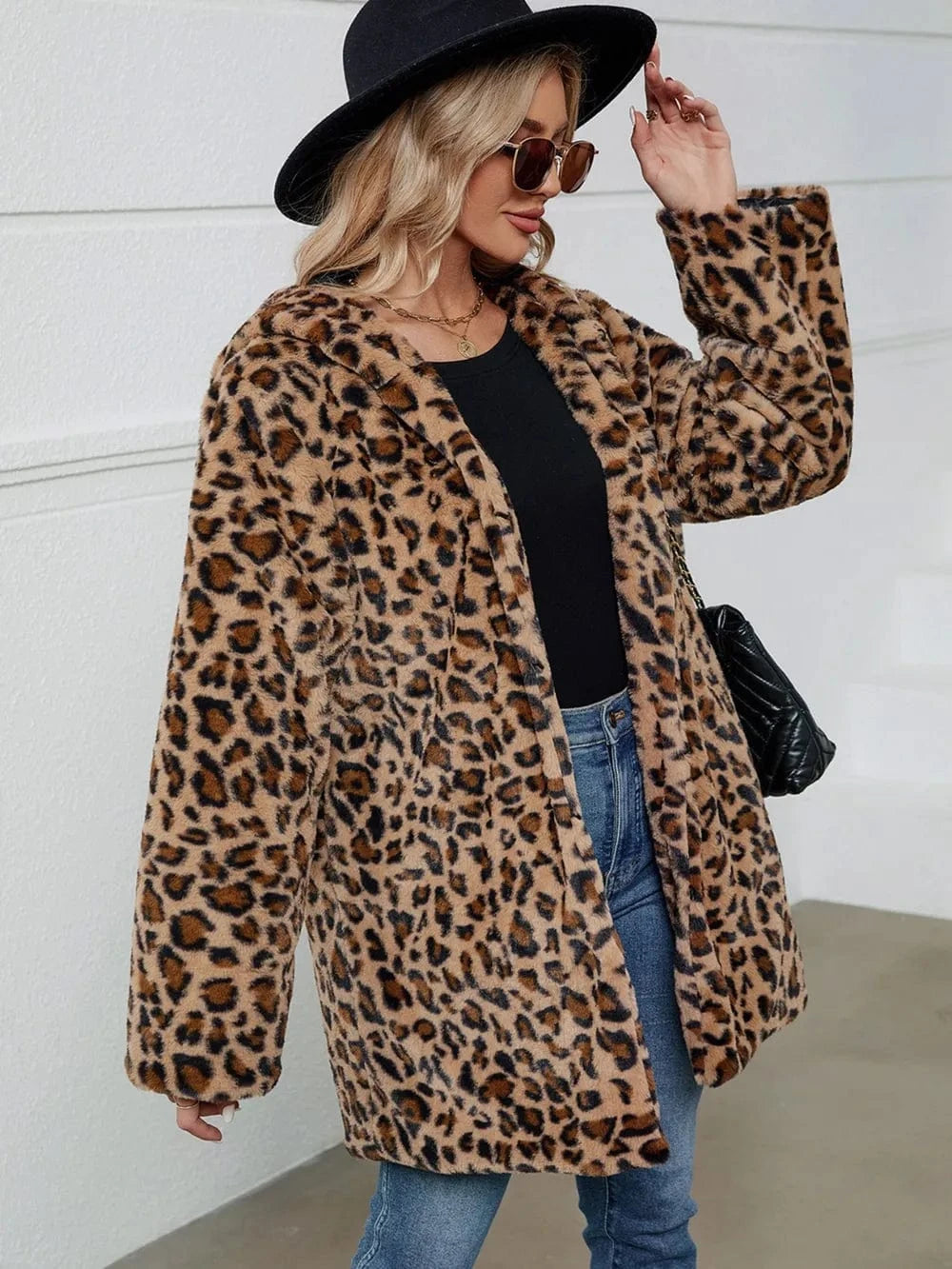 Trendsi Fuzzy Leopard Hooded Long Sleeve Jacket