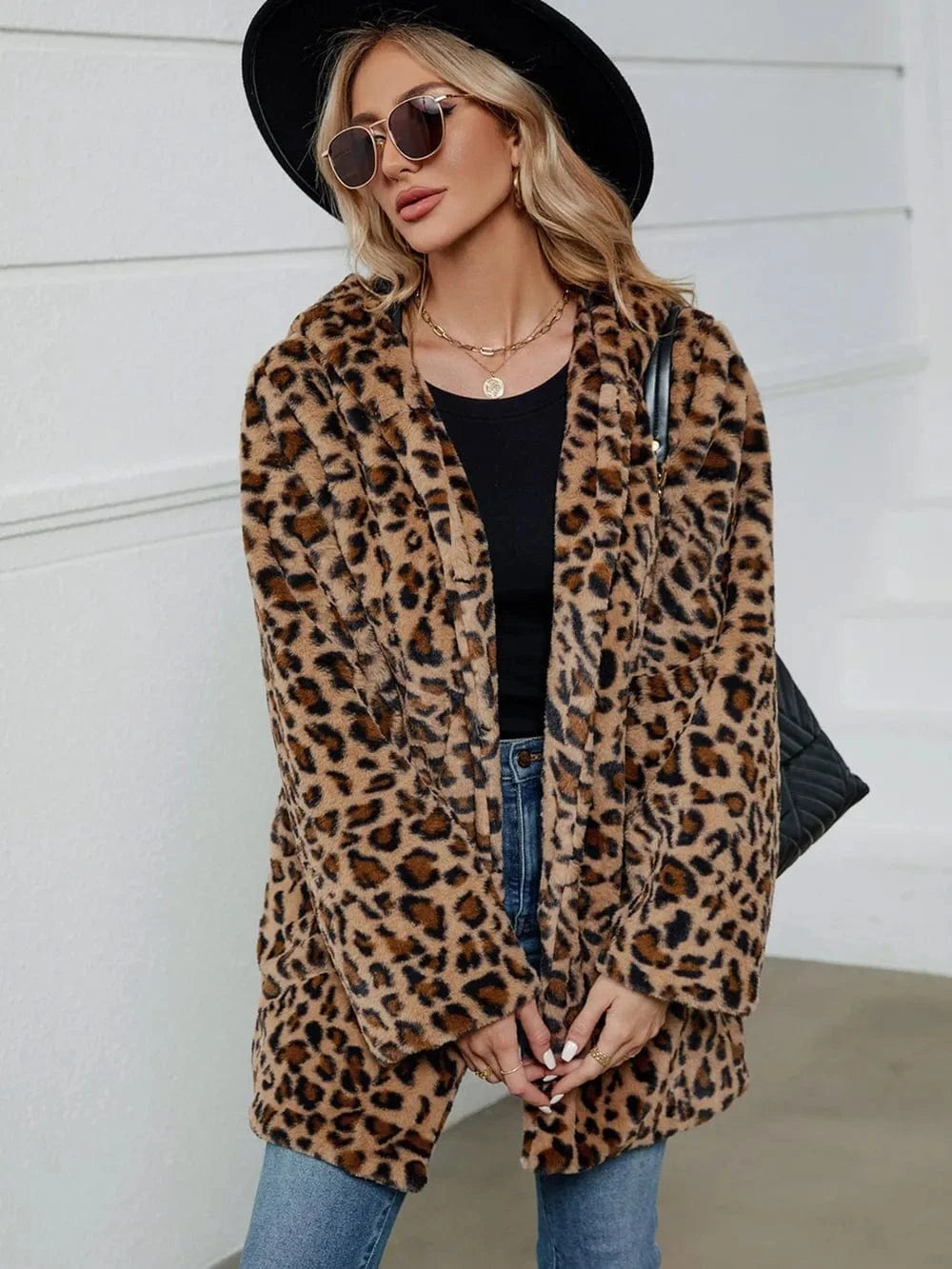 Trendsi Fuzzy Leopard Hooded Long Sleeve Jacket