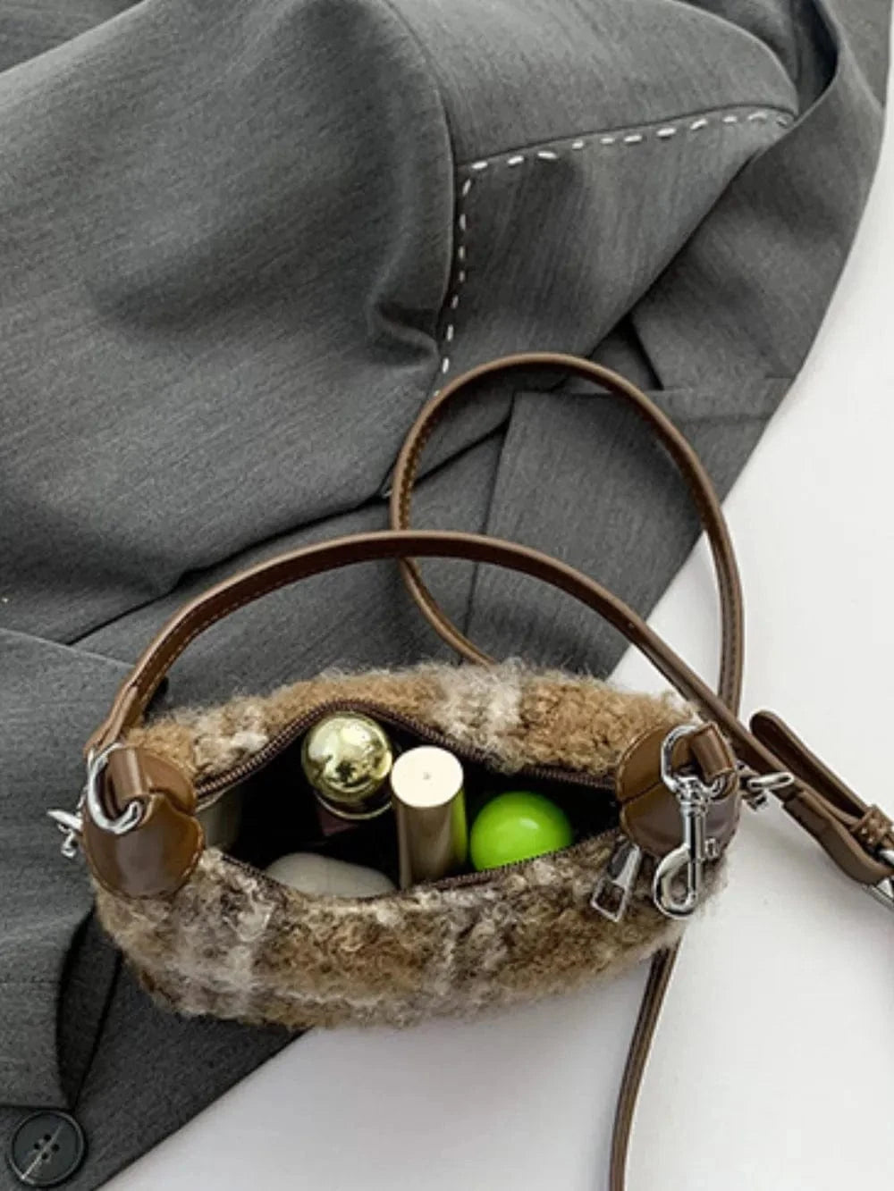 Trendsi Fuzzy Polyester Mini Handbag with Zipper