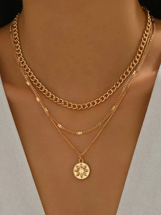 Trendsi Gold / One Size 18K Gold-Plated Layered Necklace with Sun Medallion Pendant