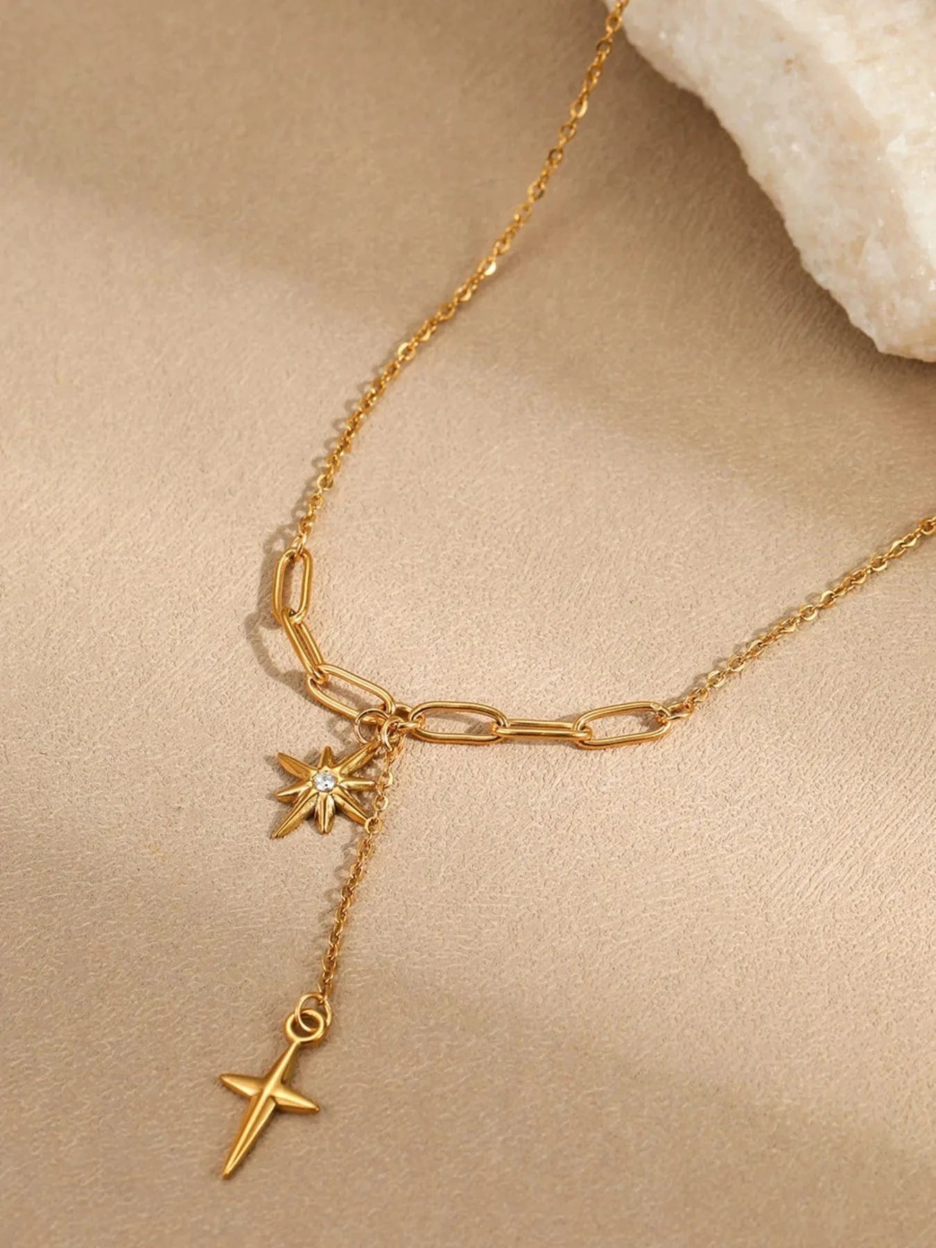 Trendsi Gold / One Size 18K Gold-Plated Star Cross Pendant Necklace
