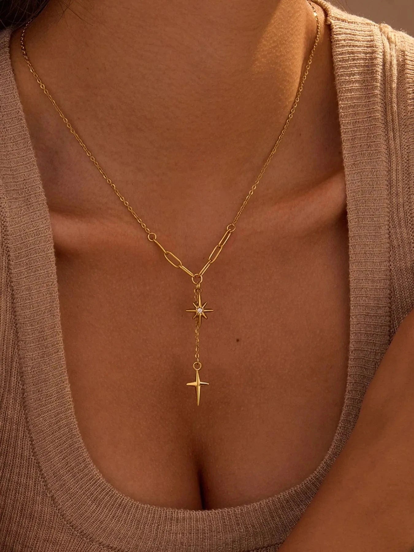 Trendsi Gold / One Size 18K Gold-Plated Star Cross Pendant Necklace