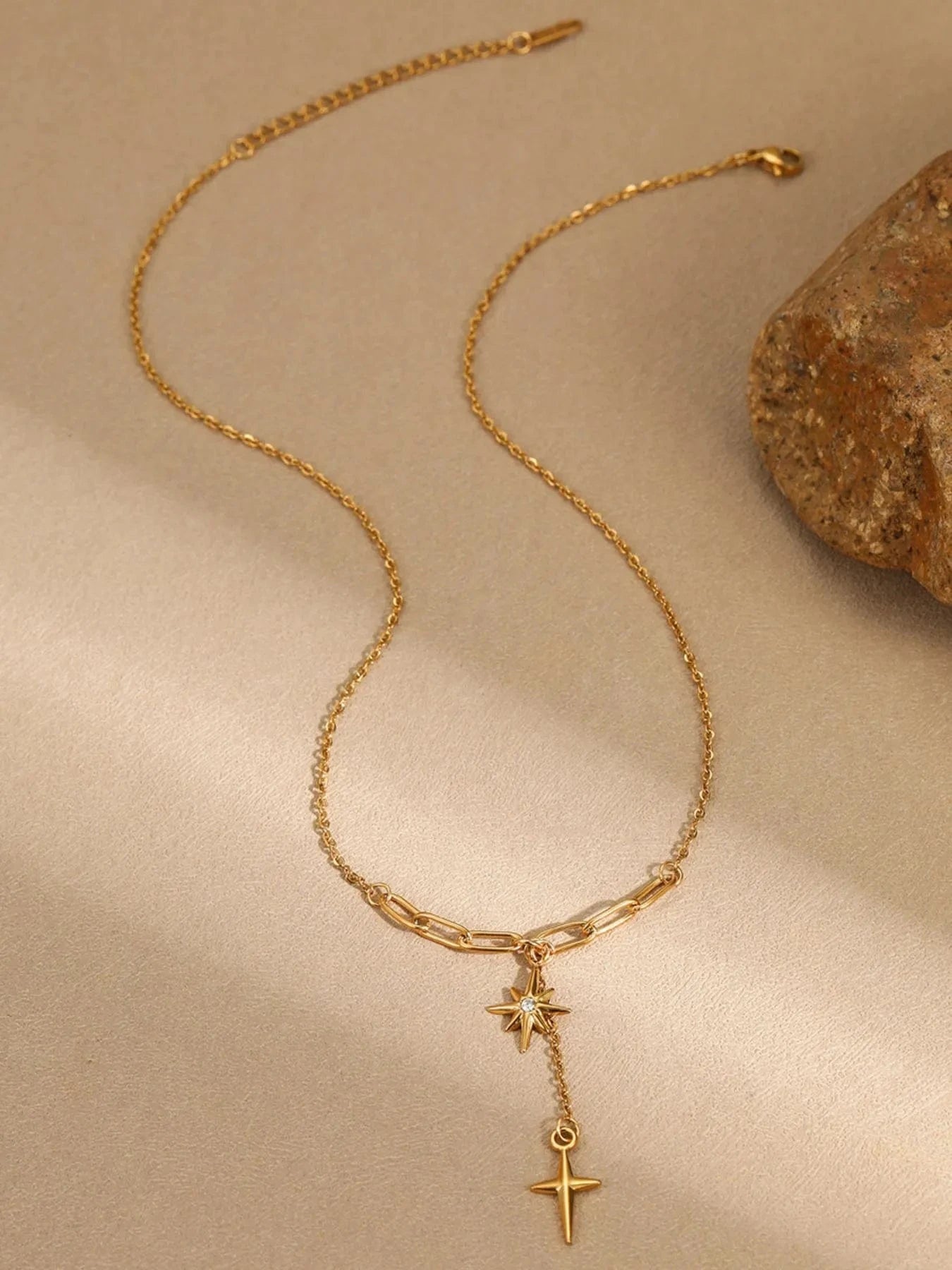 Trendsi Gold / One Size 18K Gold-Plated Star Cross Pendant Necklace