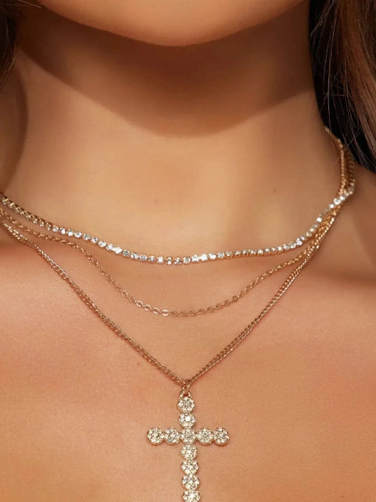 Trendsi Gold / One Size Multi-Layer Zircon Cross Pendant Necklace