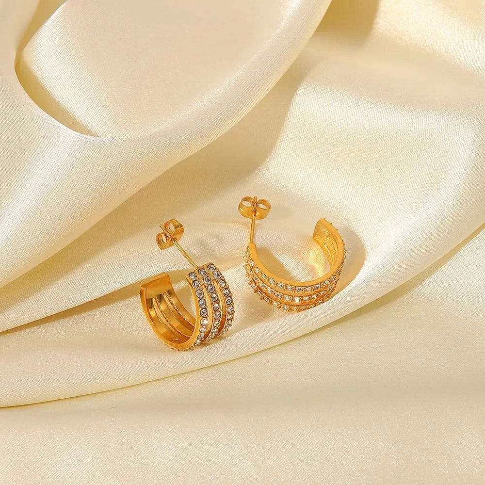Trendsi Gold / One Size Stainless Steel Inlaid Zircon C-Hoop Earrings