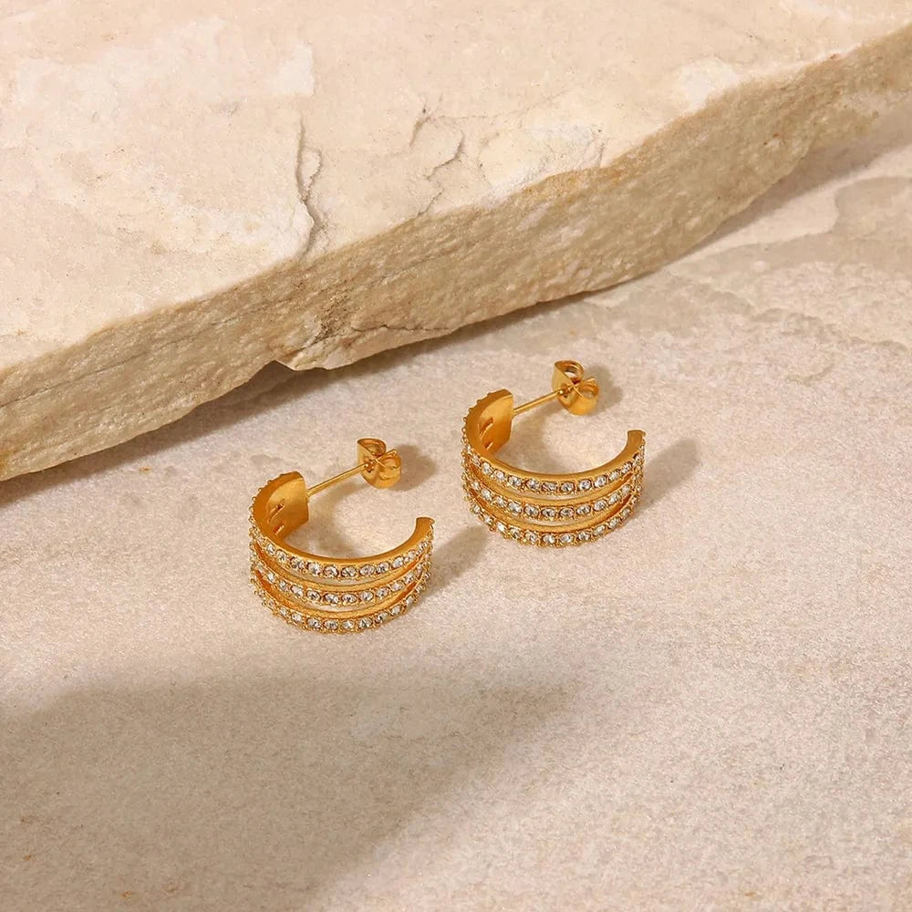 Trendsi Gold / One Size Stainless Steel Inlaid Zircon C-Hoop Earrings