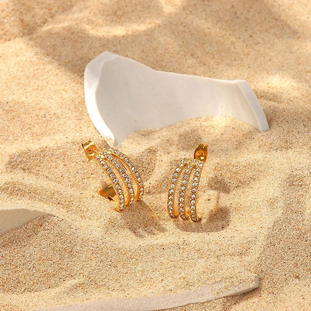 Trendsi Gold / One Size Stainless Steel Inlaid Zircon C-Hoop Earrings