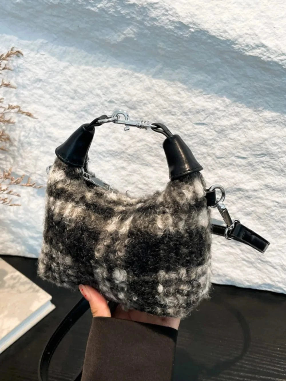 Trendsi Gray / One Size Fuzzy Polyester Mini Handbag with Zipper