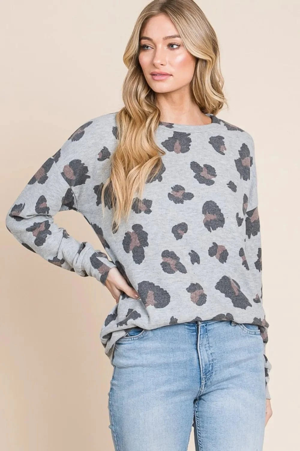 Trendsi Gray / S BOMBOM Leopard Drop Shoulder T-Shirt