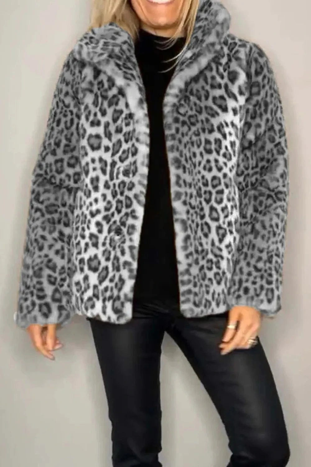 Trendsi Gray / S Full Size Leopard Furry Collared Neck Long Sleeve Coat