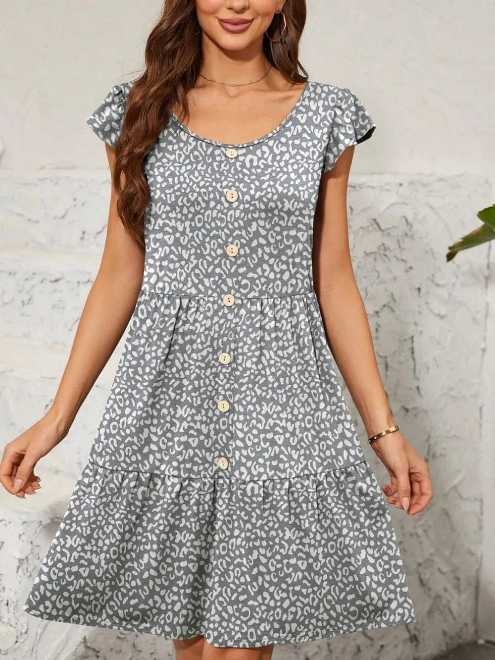 Trendsi Gray / S Leopard Round Neck Cap Sleeve Mini Dress