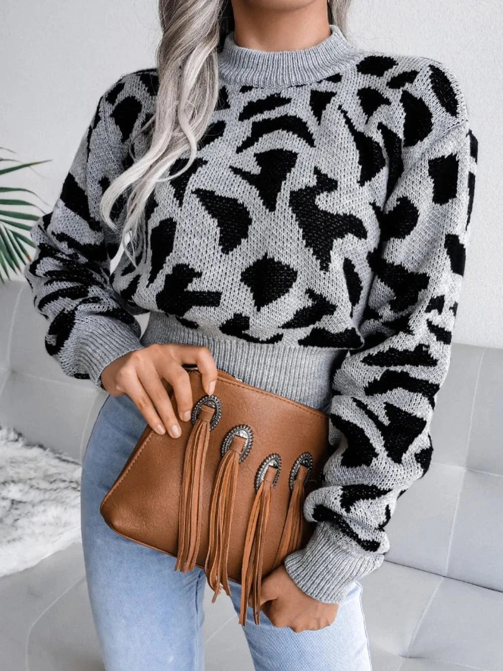 Trendsi Gray / S Leopard Round Neck Dropped Shoulder Sweater