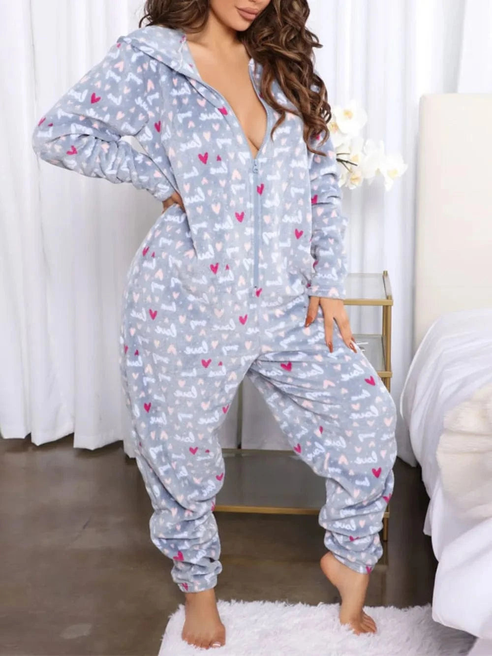 Trendsi Gray / S Printed Zip Up Long Sleeve Hooded Lounge Jumpsuit