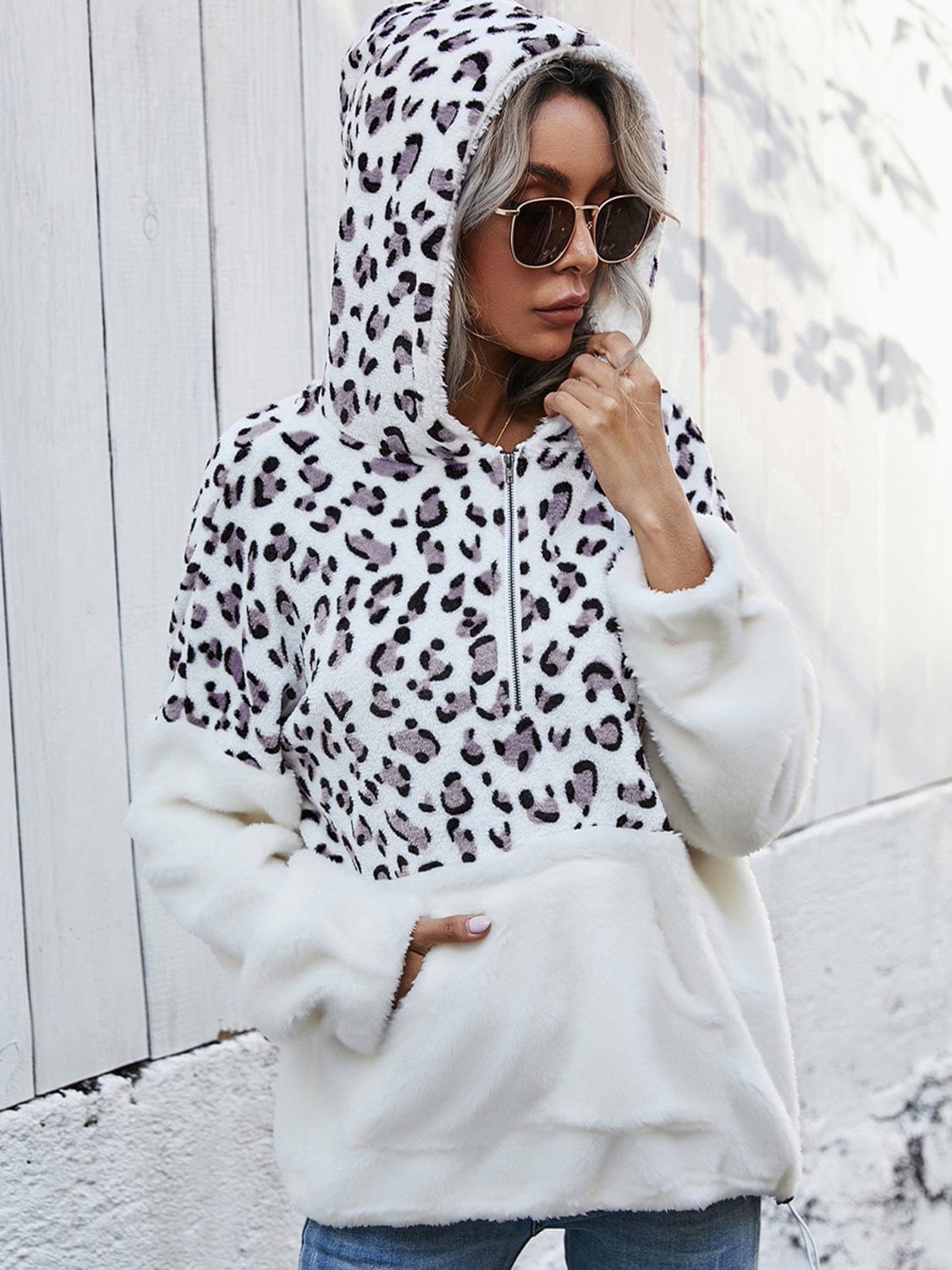 Trendsi Gray / S Shiny Leopard Half-Zip Dropped Shoulder Hoodie