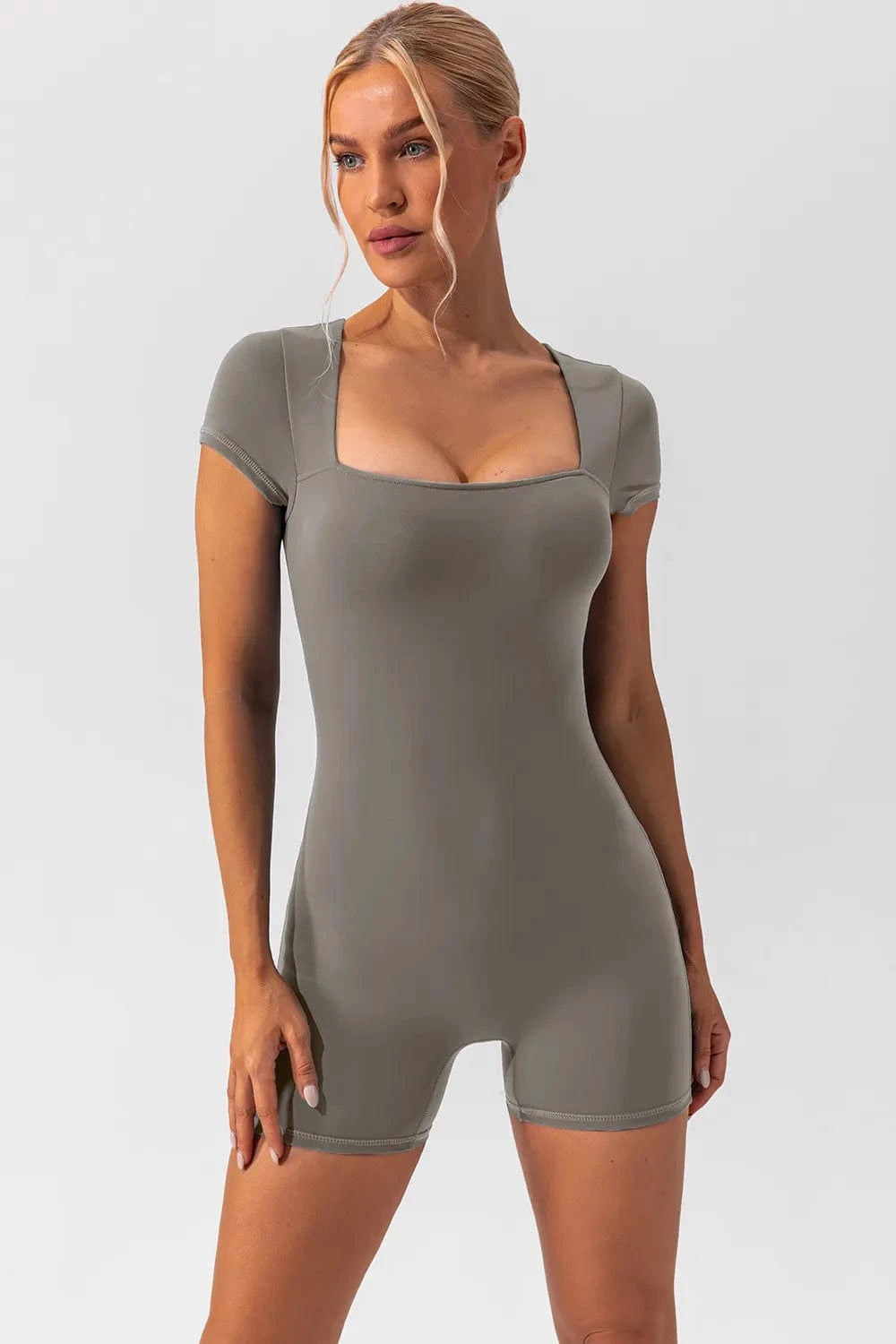 Trendsi Gray / S Square Neck Cap Sleeve Active Romper