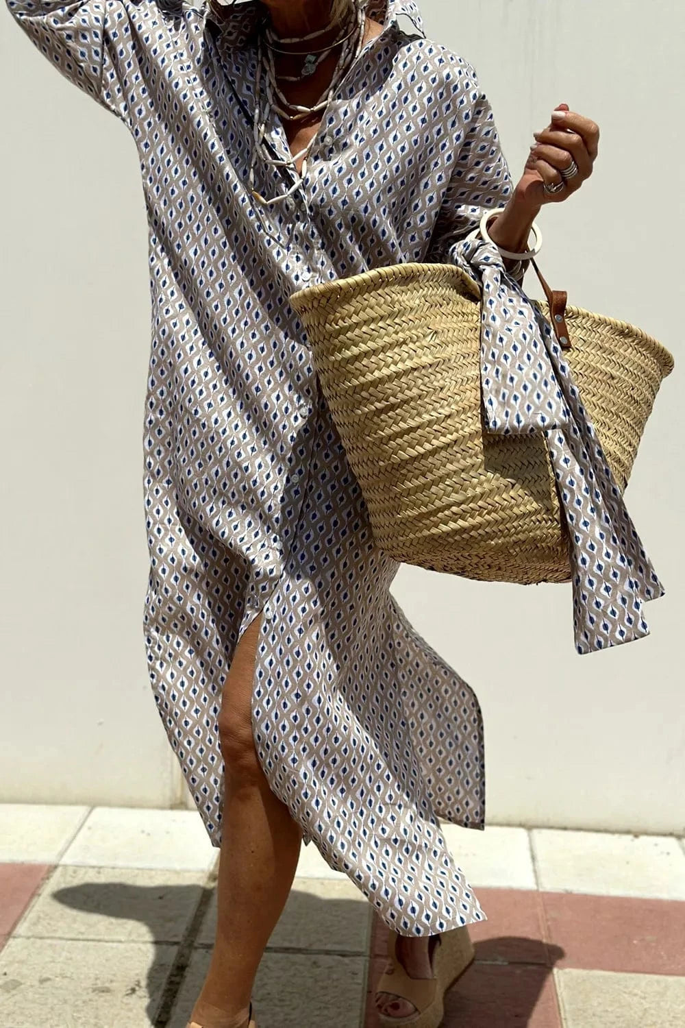 Trendsi Gray / S Tied Button Up Three-Quarter Sleeve Dress