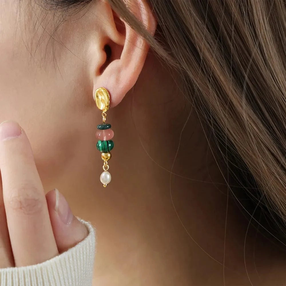 Trendsi Green / One Size Natural Stone Freshwater Pearl Dangle Earrings