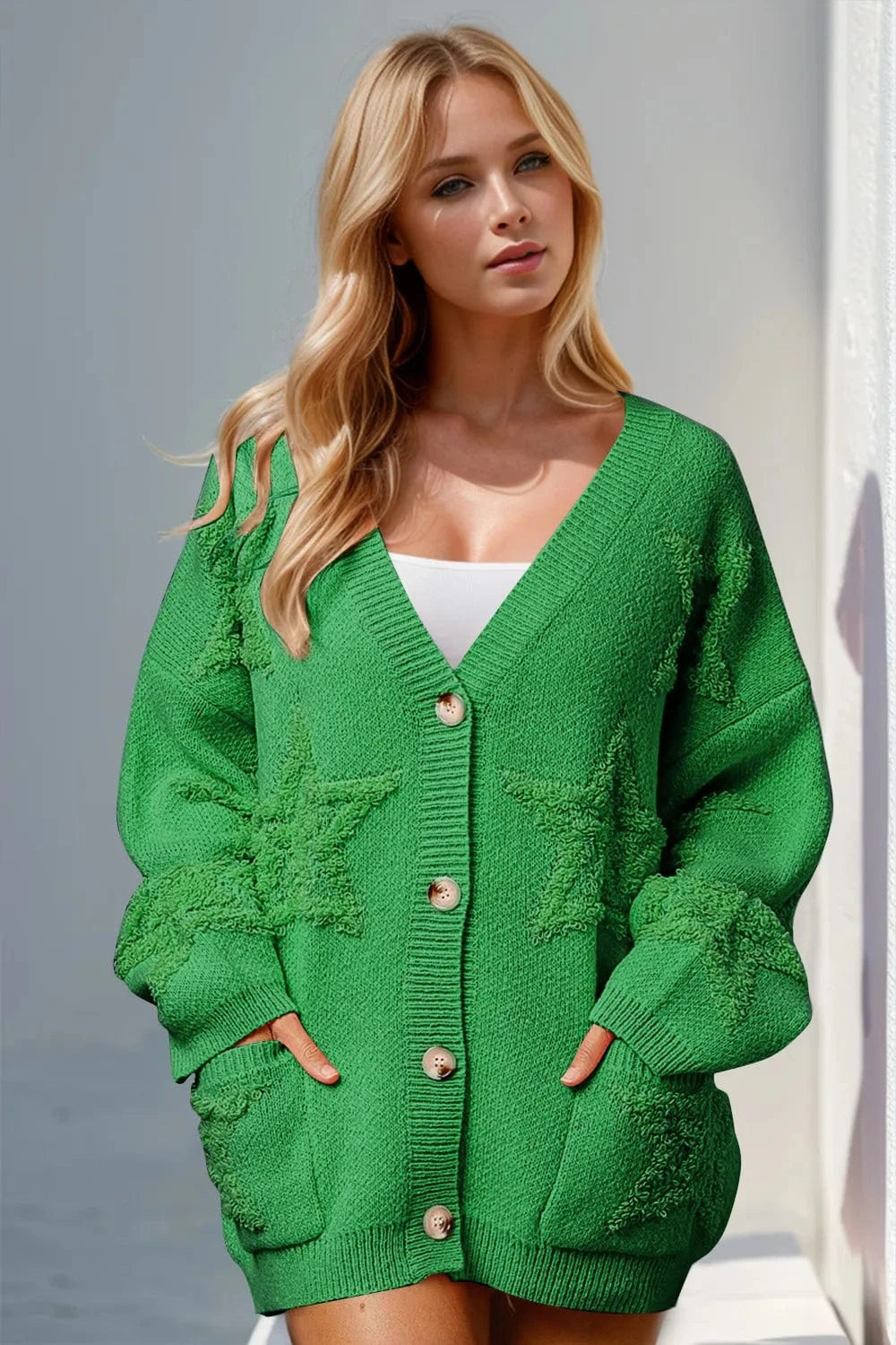 Trendsi Green / S/M Double Take Full Size Button Up Star Pattern Cardigan