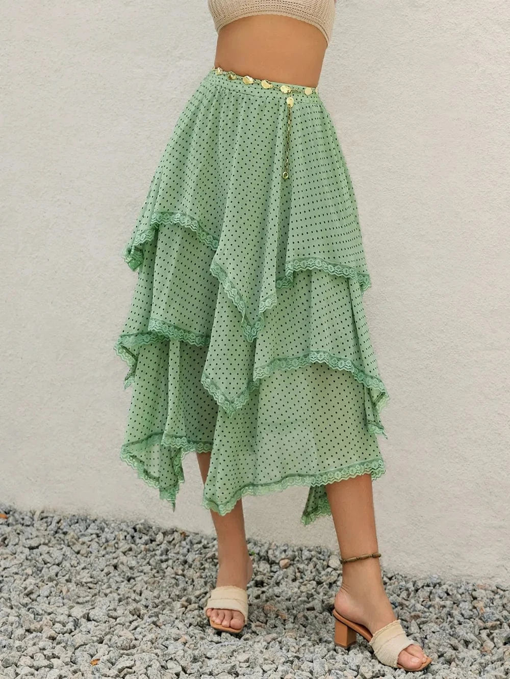 Trendsi Gum Leaf / S Lace Detail Layered Printed Skirt