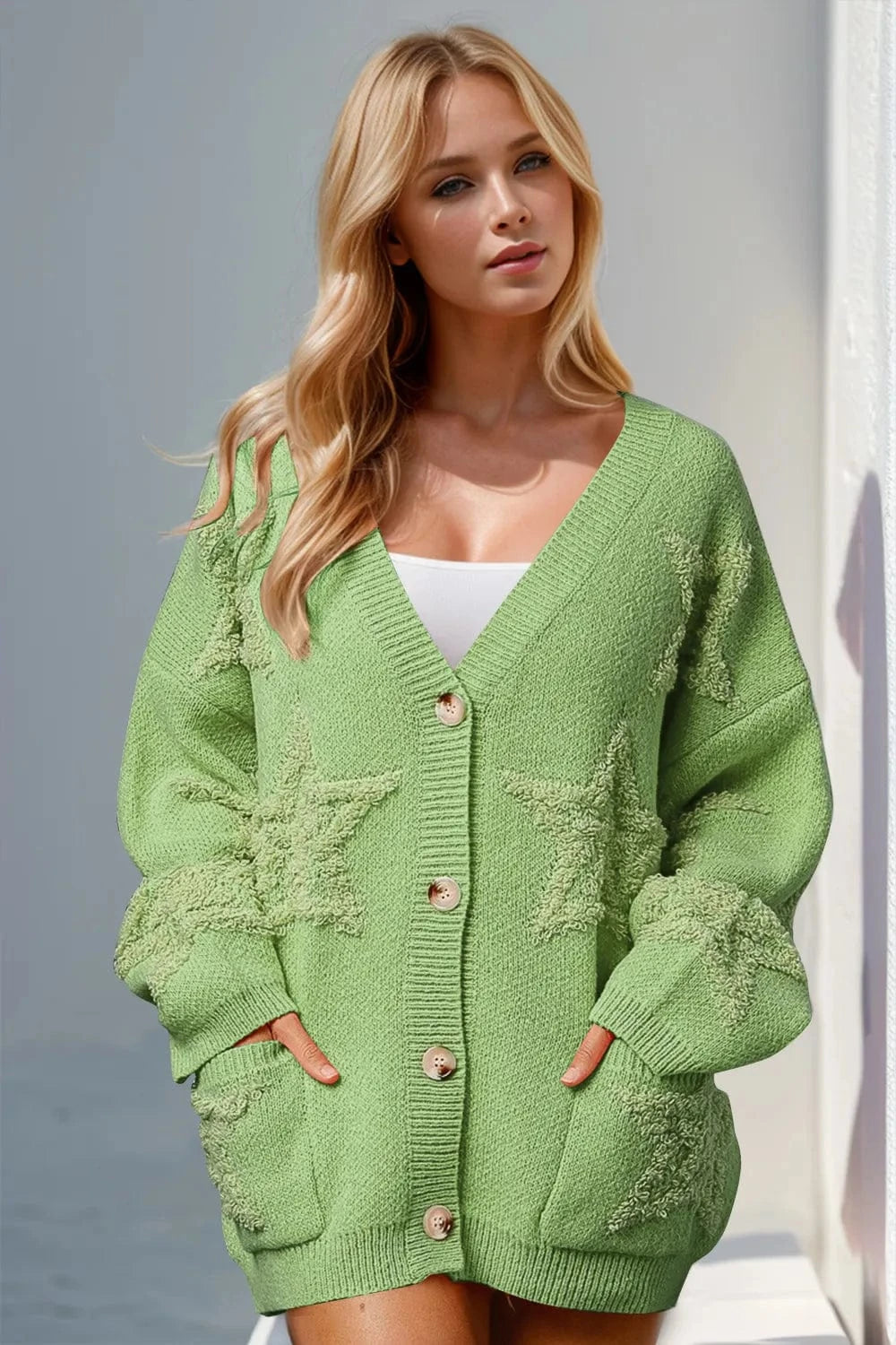 Trendsi Gum Leaf / S/M Double Take Full Size Button Up Star Pattern Cardigan