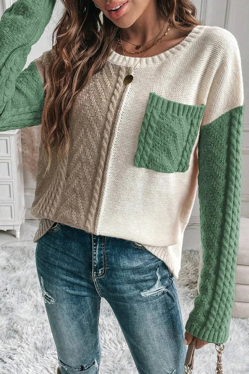 Trendsi Gum Leaf / S/M Double Take Full Size Color Block Drop Shoulder Sweater