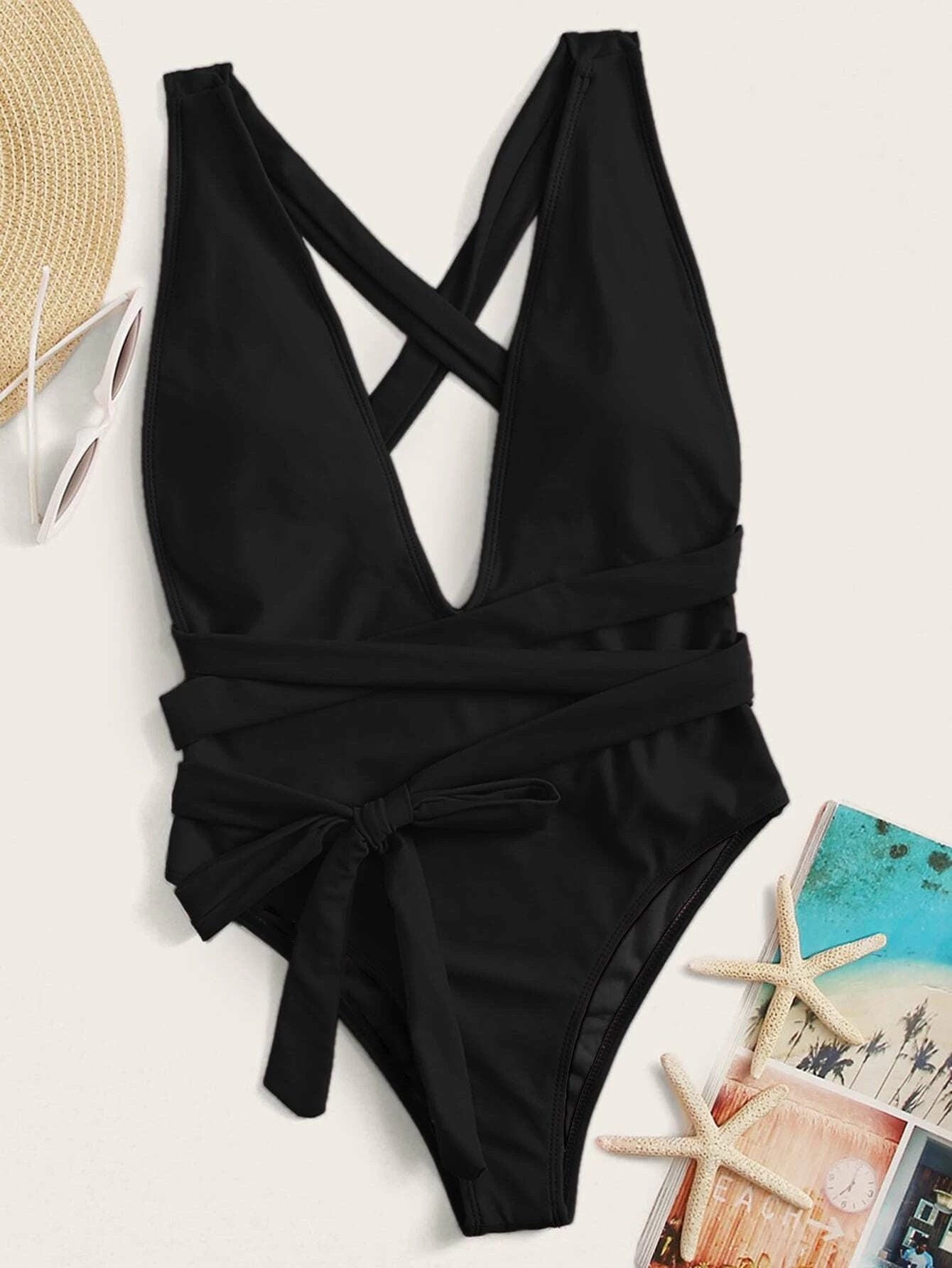Trendsi Halter Neck Deep V Tied One-Piece Swimsuit