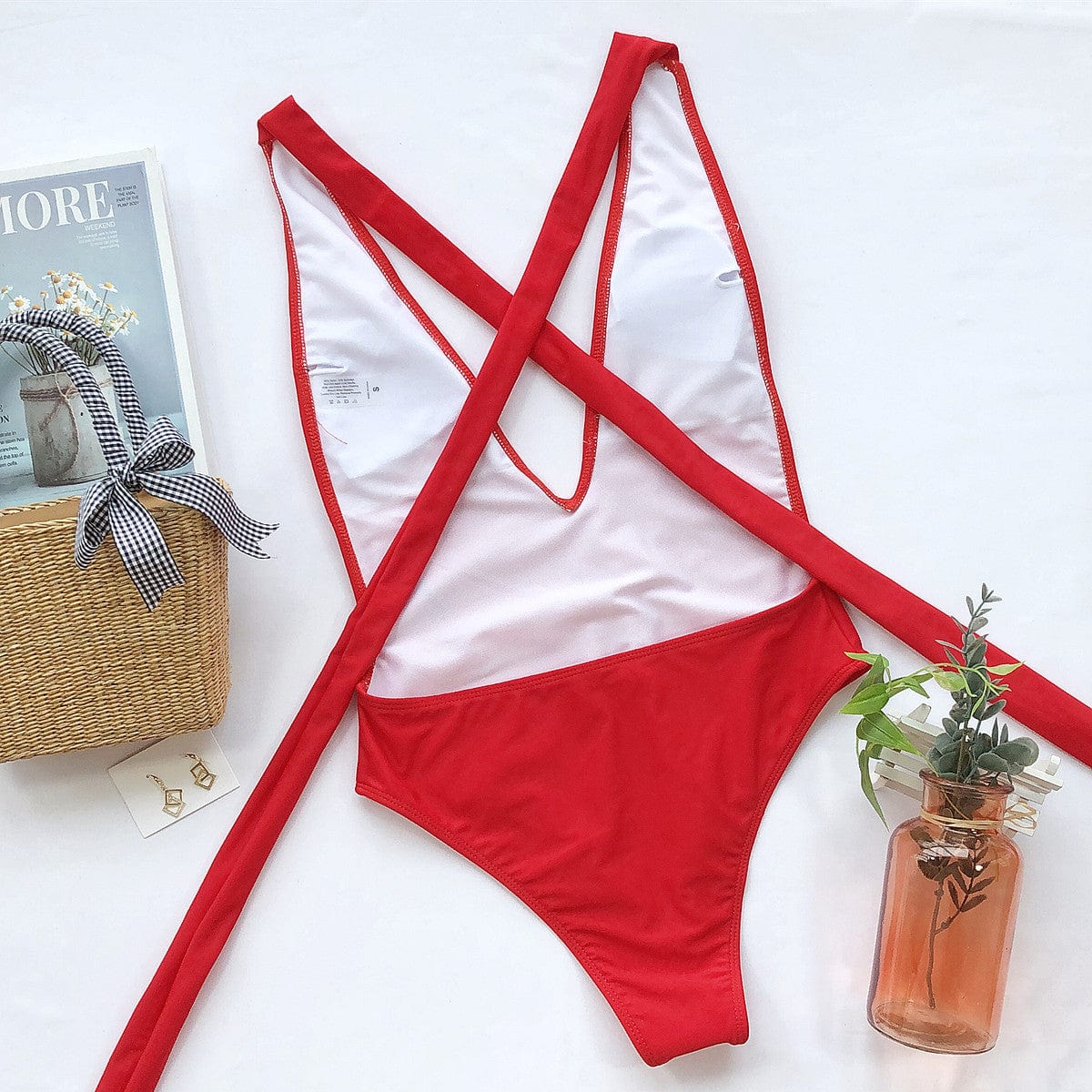 Trendsi Halter Neck Deep V Tied One-Piece Swimsuit