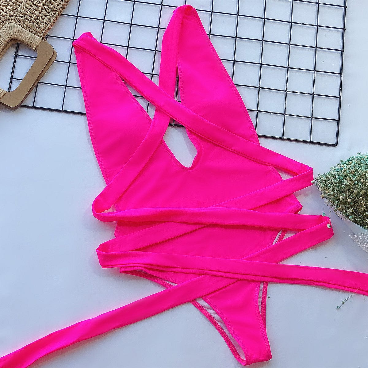 Trendsi Halter Neck Deep V Tied One-Piece Swimsuit