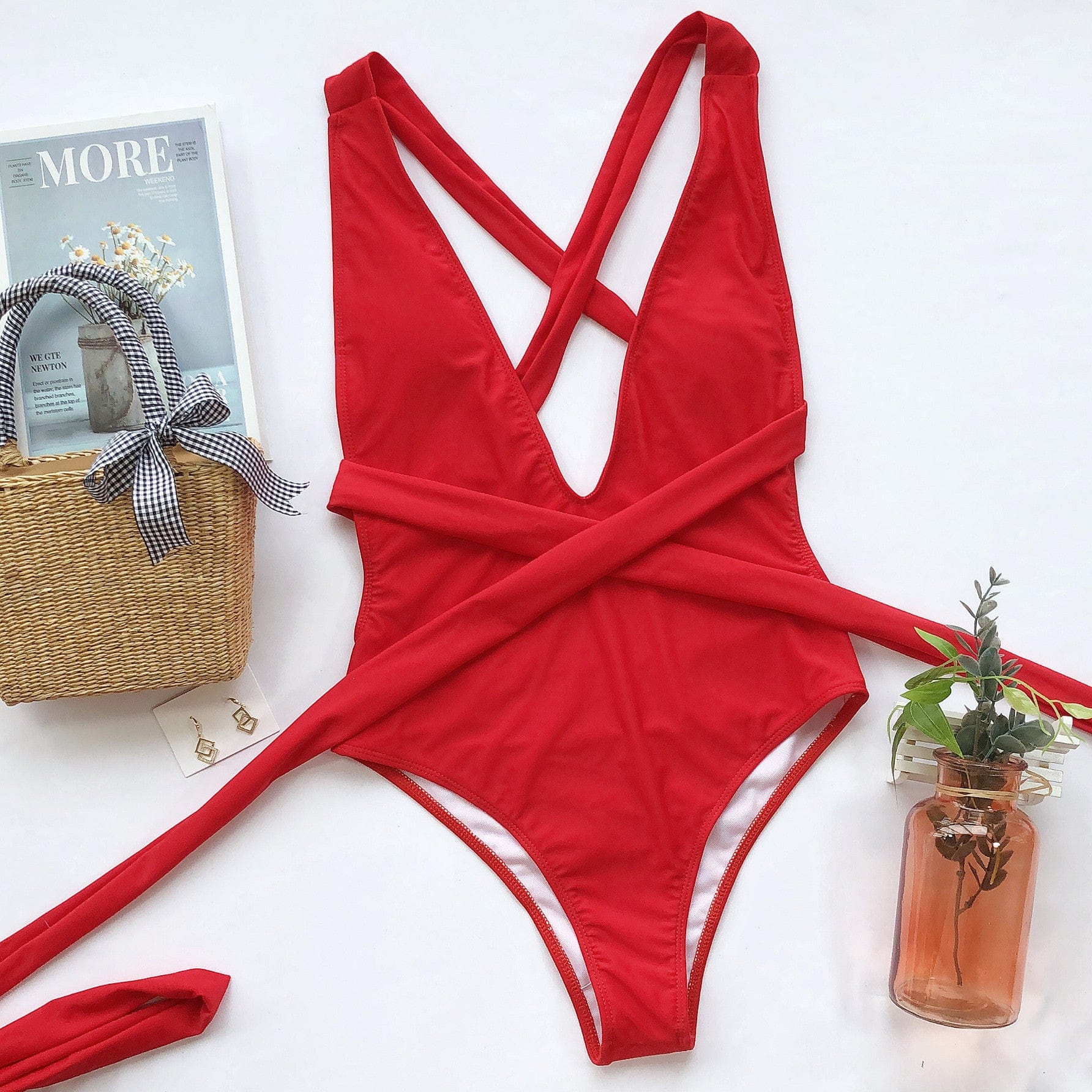 Trendsi Halter Neck Deep V Tied One-Piece Swimsuit