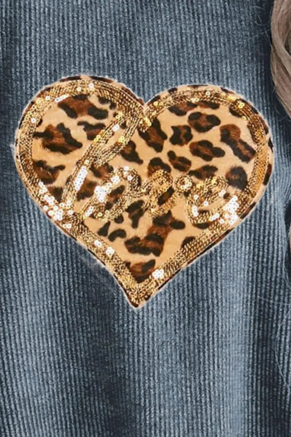 Trendsi Heart Leopard Sequin Round Neck Sweatshirt