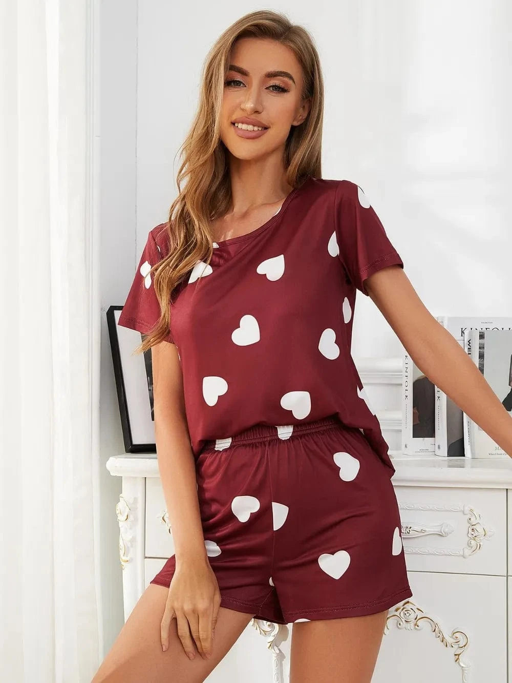Trendsi Heart Round Neck Top and Shorts Lounge Set