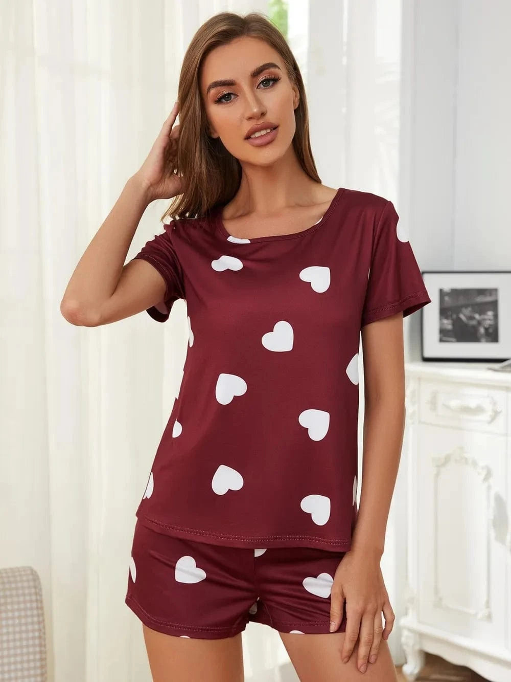 Trendsi Heart Round Neck Top and Shorts Lounge Set