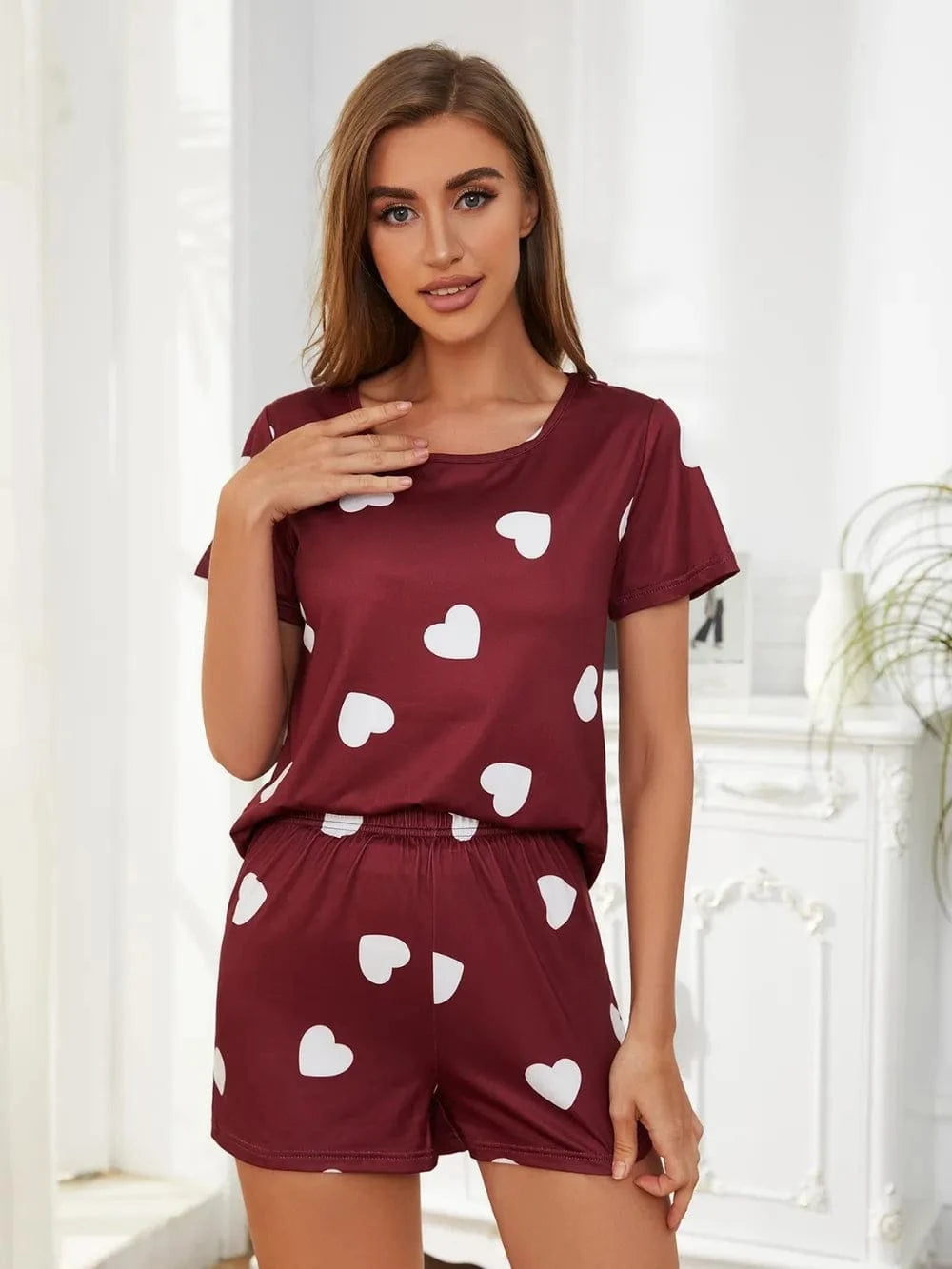 Trendsi Heart Round Neck Top and Shorts Lounge Set