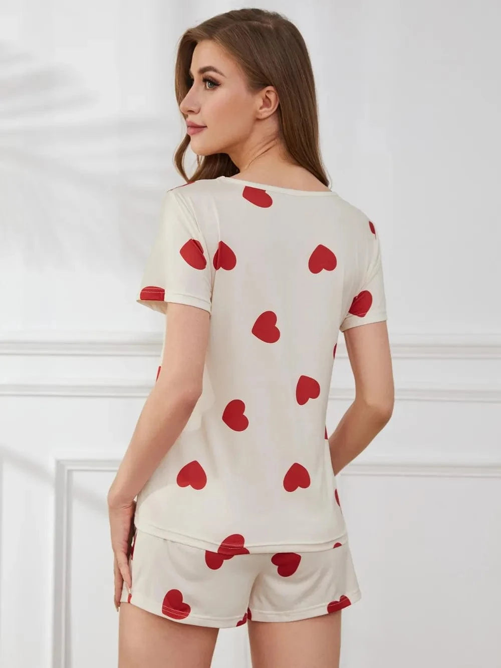Trendsi Heart Round Neck Top and Shorts Lounge Set