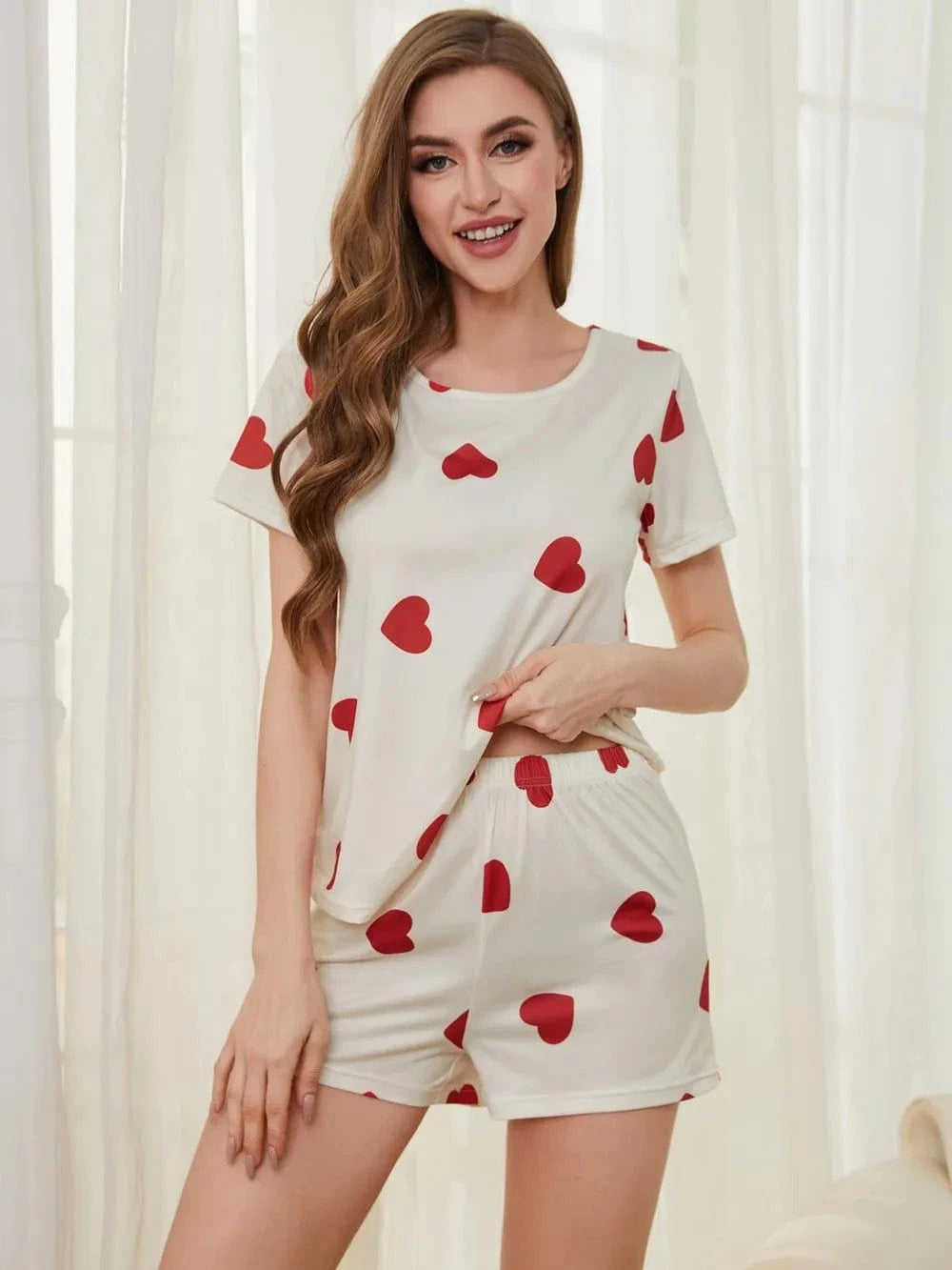 Trendsi Heart Round Neck Top and Shorts Lounge Set
