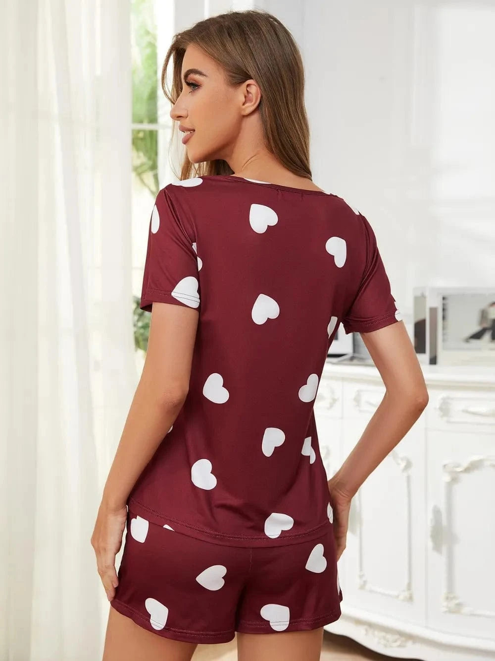 Trendsi Heart Round Neck Top and Shorts Lounge Set