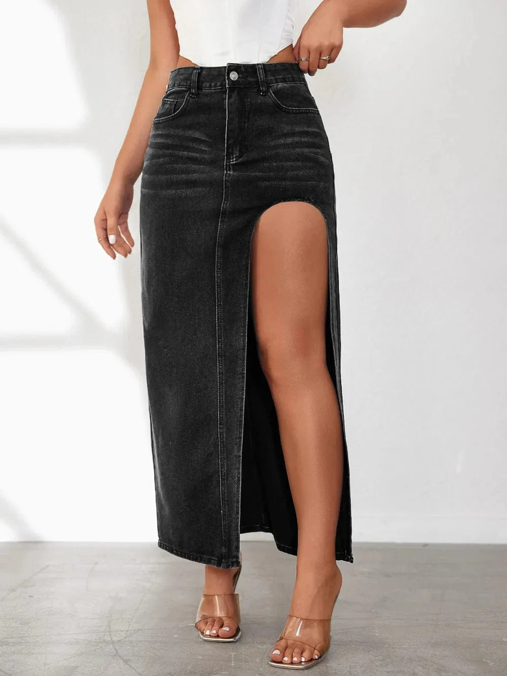 Trendsi High Rise Slit Denim Skirt