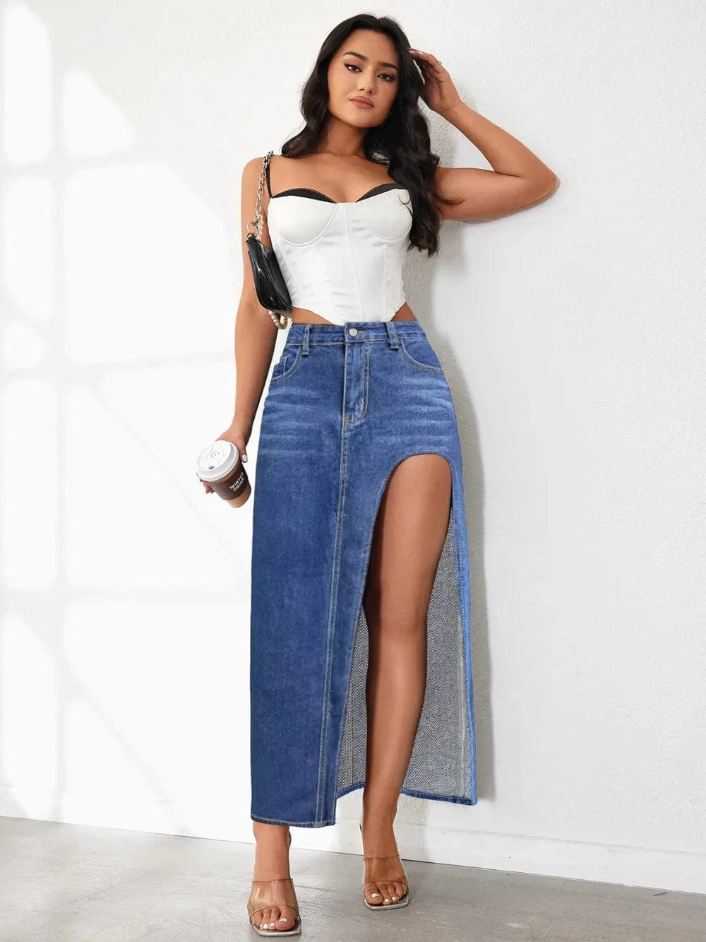 Trendsi High Rise Slit Denim Skirt