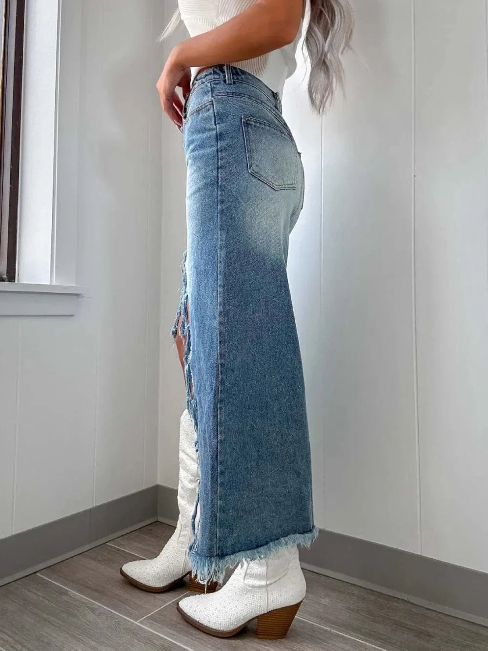 Trendsi High-Waist Raw Hem Asymmetry Denim Skirt