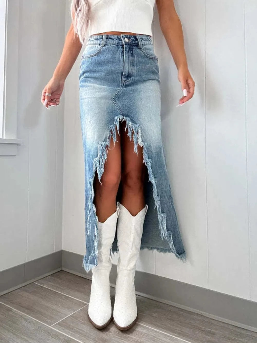 Trendsi High-Waist Raw Hem Asymmetry Denim Skirt