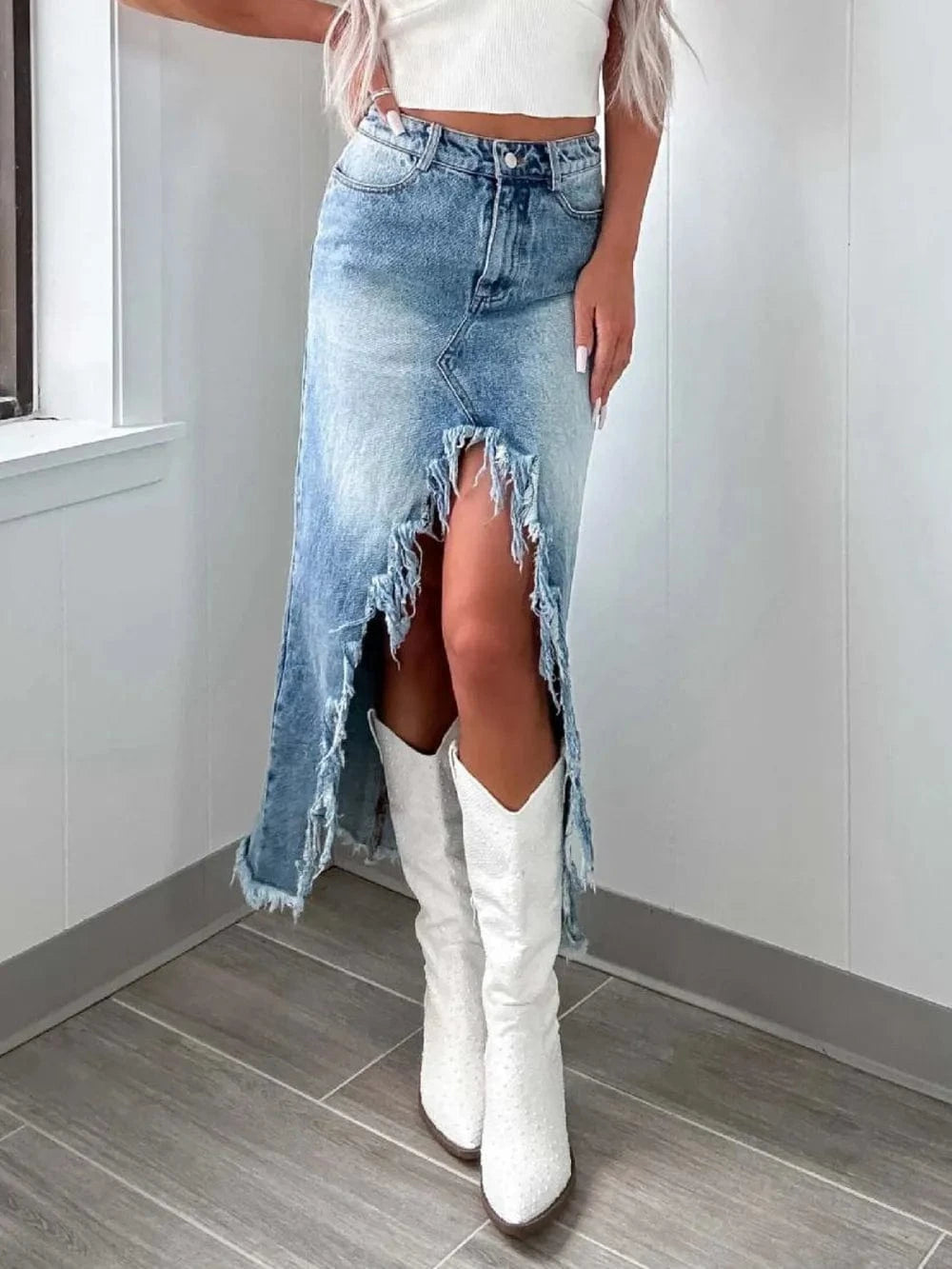 Trendsi High-Waist Raw Hem Asymmetry Denim Skirt
