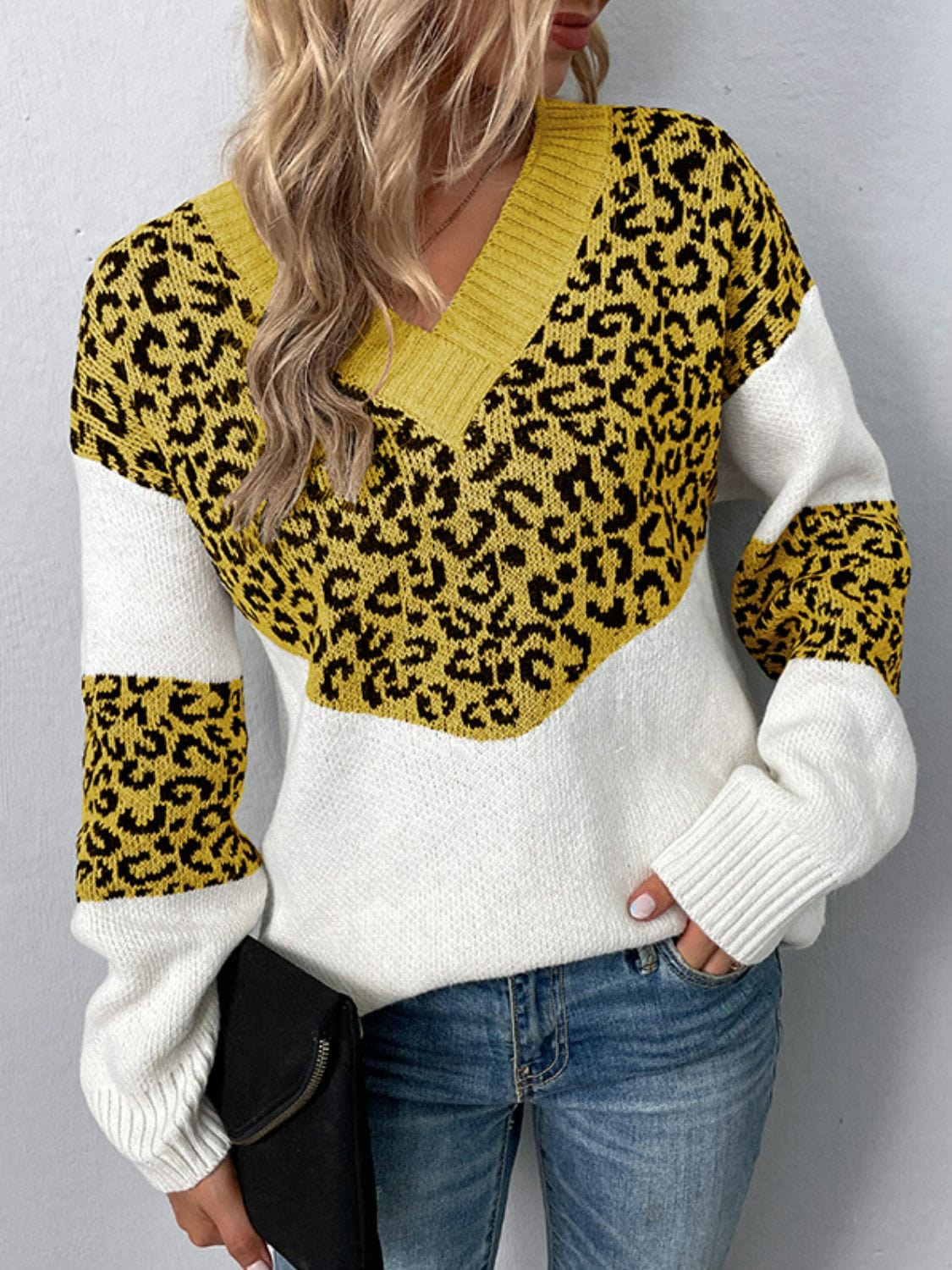 Trendsi Honey / S Leopard V-Neck Dropped Shoulder Sweater