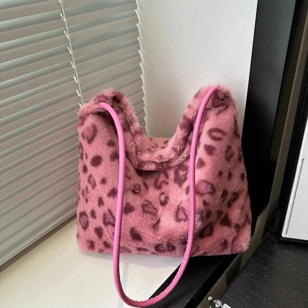 Trendsi Hot Pink / One Size Leopard Furry Shoulder Bag