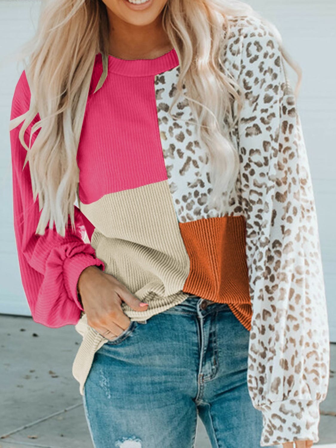 Trendsi Hot Pink / S Color Block Leopard Round Neck Sweatshirt